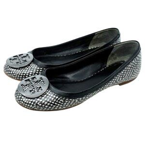TORY BURCH~Reva Logo~EMBOSSED LEATHER BALLET FLATS Black & White~SIZE 8.5